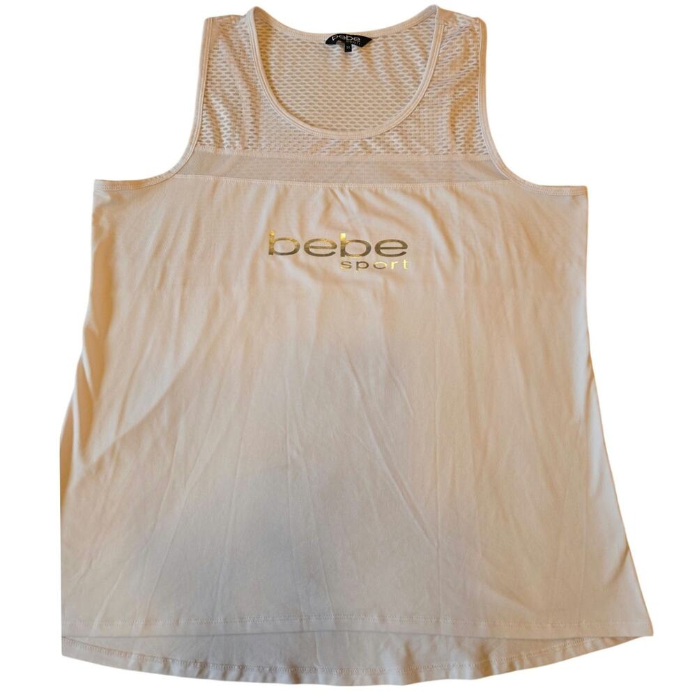Sz 1X BEBE SPORT White Silver Logo Mesh Racerback Active Tank